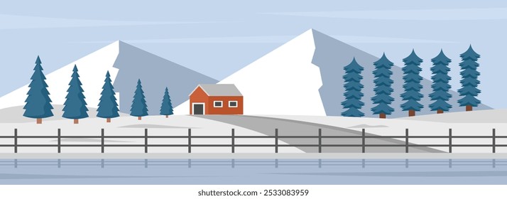 Farm in the winter season. Winter home landscape. Home in the winter season. Winter scenery. Winters mountain. 