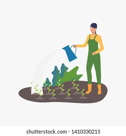 Farm woman growing vegetables. Woman watering seedlings. Farming concept. Vector illustration can be used for topics like horticulture, cultivation. gardening