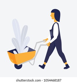 Farm woman in working uniform going to plant the tree. Gardening wheelbarrow. Vector nature illustration