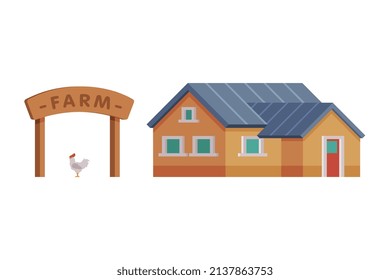 Farm Wooden Banner and Rural House with Slope Roof Vector Set