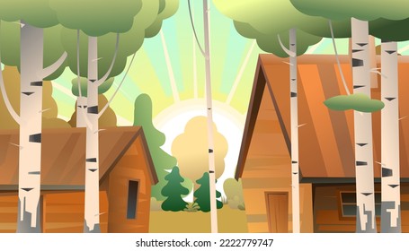 Farm wooden house with barn. Among pines and birches. Simple rural landscape. Village vegetable garden lifestyle. Cartoon fun style. Flat design. Vector.