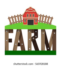 Farm word consists of stylized letters wooden fence and red barn. Vector illustration isolated on white background.