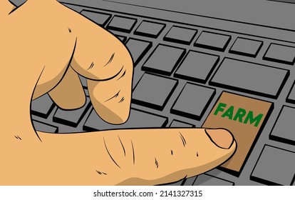 Farm word on computer keyboard. Man push keypad on laptop. Comic book style concept.