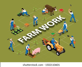 Farm work agricultural duties tools machinery isometric flowchart with milking cow feeding pig harrowing soil vector illustration 