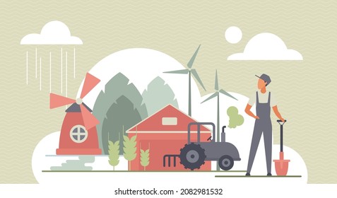 Farm Work, Agriculture Technology Vector Illustration. Cartoon Farmer With Tractor, Farming Equipments And Buildings, Windmills And Village Wheat Field. Agronomy, Horticulture, Harvesting Concept