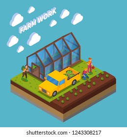 Farm work isometric composition growing of vegetable in green house and in field blue background vector illustration