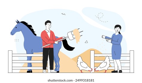 Farm work people. Man with rake gives hay to horses, woman feeds chickens. Farmers with domestic animals and cattle. Farming and agriculture. Linear vector illustration isolated on white background