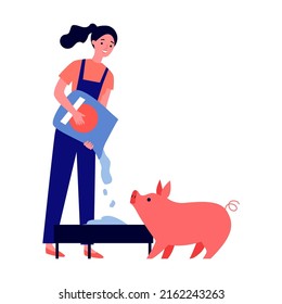 Farm worker caring pig flat vector illustration. People feeding pigs and cow, growing natural food concept