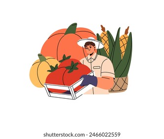 Farm worker carries vegetables in crate for sale. Vendor holds farming products: tomatoes, pumpkins. Farmer gathers autumn harvest, crop into wooden basket. Flat isolated vector illustration on white