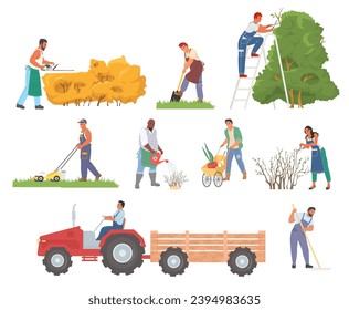 Farm worker cartoon character in garden isolated set. Farmer, gardener, tractor driver, lawnmower at work vector illustration