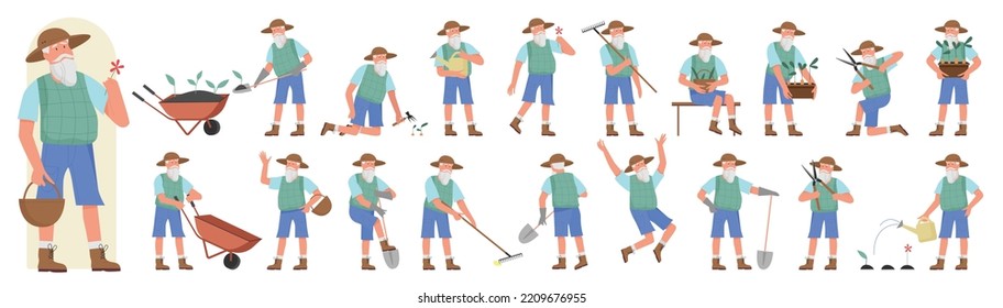 Trabajador de granja en diferentes poses conjunto de ilustración vectorial. Viejo caricaturista trabajando con equipo de jardín delante, a la vista lateral o trasera, granjero anciano sosteniendo palas y rastrillos, carretilla aislada en blanco