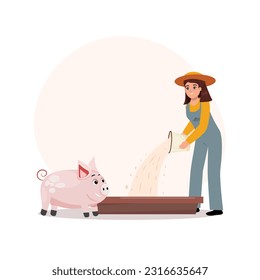 Farm worker feeding a cute pig at the long trough.