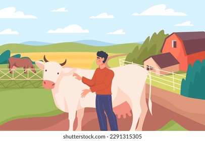 Farm worker and livestock. Man stands on farm next to large white cow. Young guy in village and countryside, rural landscape. Farmer and cattle. Cartoon flat vector illustration