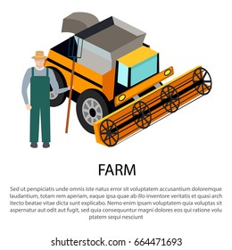Farm worker with a pitchfork in straw hat near harvester combiner for harvesting vector illustration isolated on white background. Farm worker in flat style