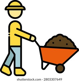 A farm worker pushes a wheelbarrow loaded with soil or compost to prepare the land for planting crops.