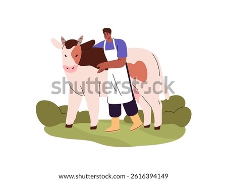 Farm worker shepherds cow on pasture. Black man farming, cares about agriculture cattle. Farmer goes animal husbandry, livestock breeding. Flat isolated vector illustration on white background