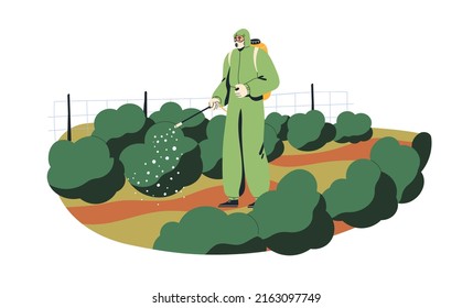 Farm worker spraying insecticide, chemical fertilizer with sprayer. Plant treatment with pesticide, fungicide for disease prevention. Flat graphic vector illustration isolated on white background