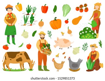 Farm workers, animals and farmers products. Set of vegetables and fruits. Local products. Farmers gathering crops. Autumn harvest. Vector isolated background. Flat cartoon illustration.