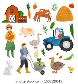 Farm workers, farm animals, farm house. Agricultural workers gathering crops, pulling wheelbarrow with vegetables, tractor works. Flat cartoon isolated illustration. Hand drawn vector character.