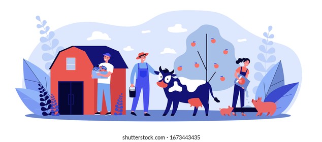 Farm workers caring animals and vegetable garden flat vector illustration. People feeding pigs and cow, growing natural food at countryside. Agriculture and farming concept.