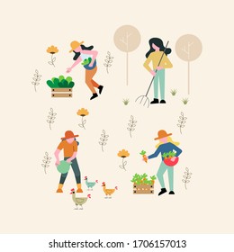 Farm workers colorful set vector modern illustration 