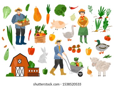 Farm workers, cute animals, farmhouse and vegetables. Agricultural workers gathering crops, pulling wheelbarrow with vegetables. Flat cartoon isolated illustration. Hand drawn vector character. 