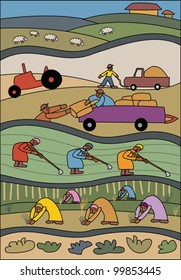 Farm workers in fields harvesting or planting crops