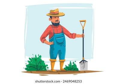 Farm workers. Hand drawn cartoon of farmer with farm equipment. Vector illustration of gardening concept and working people.