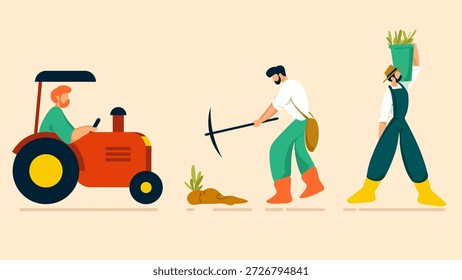 Trabajadores agrícolas que cosechan cultivos Ilustración plana