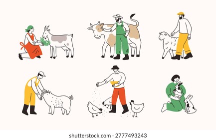 Farm workers or local farmers working on farm, taking care of animals, feeding goat, cow, hen, sheep, pig, rabbit. Line doodle illustration. Farming, breeding, local meat or milk production concept.