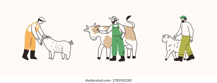 Farm workers or local farmers working on farm, taking care of animals, feeding cow, sheep, pig. Hand drawn contour simple line ink doodle illustration. Farming, breeding, local organic meat or milk.