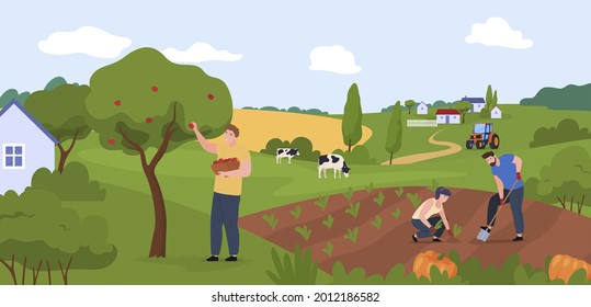 Farm workers people at countryside panorama vector flat illustration. Man and woman picking harvest, growing plants, working at village garden. Person enjoying agricultural job or hobby together