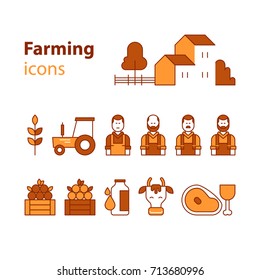 Farm workers and products icons. House and barn, tractor symbol, cow milk and meat, fruit and vegetables flat design vector illustration