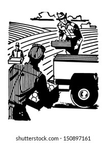 Farm Workers - Retro Clip Art Illustration