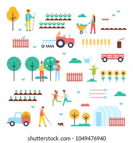 Farm workers, special machines and green plants. Farm themed colorful icons. Trees with ripe fruits and rows of vegetables vector illustrations set.