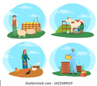 Farm workers vector, farmers caring animals woman feeding chickens with organic crops and grains, sheep and cow giving milk to milkmaid, beekeeper