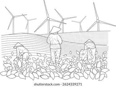 Farm Workers and Wind Turbines in Simla, Line art illustration depicting farm workers in conical hats harvesting crops in a field with modern wind turbines generating clean energy in the background.