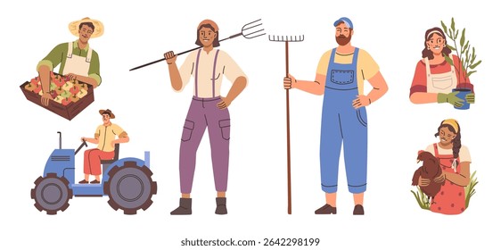 Farm workers at work. Vector women with pitchforks, chicken and plant. Men with rake, on tractor and with box of fruit or vegetables. Feeding and caring for livestock, planting and cultivating crops