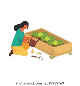Farm working vector illustration. Farmer, agriculture worker, gardener growing and watering vegetables. Vector illustration isolated on white background.