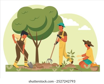 Ilustración vectorial de trabajo agrícola. Agricultor, trabajador agrícola, jardinero que cultiva y riega verduras. Ilustración vectorial aislada sobre fondo blanco.