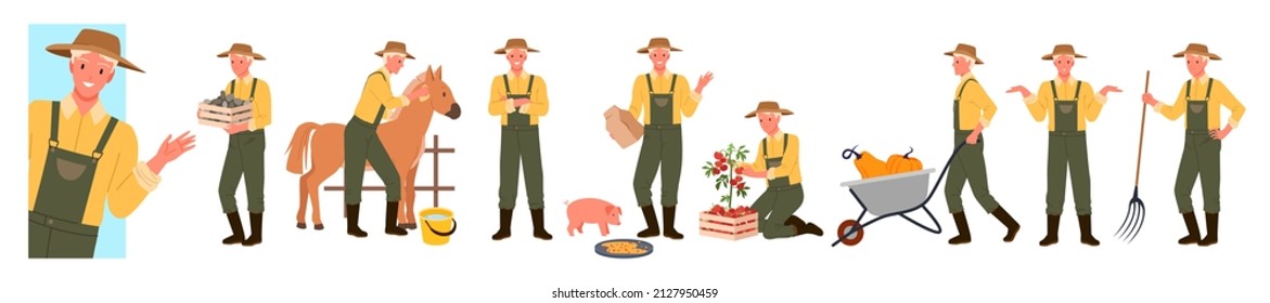 Farm Works Of Male Farmer Set Vector Illustration. Cartoon Young Man In Hat Feeding Animals, Holding Basket With Organic Harvest, Working With Pitchfork Isolated On White. Agriculture, Job Concept