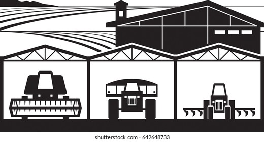 Farm Yard With Agricultural Machinery - Vector Illustration