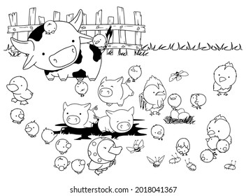 Farm yard animals coloring cute cow chicks pigs ducks bees bugs hen and rooster with nest 