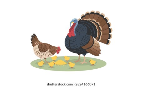 Farm yard scene showing a turkey and a mother hen with her small yellow chicks gathering around a pile of grain on green grass.