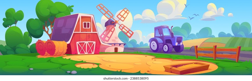 Farm yard with tractor, barn and windmill. Vector cartoon illustration of haystacks, wooden trough near house, old stone mill building, field crops, green bushes and trees, summer village landscape