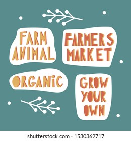 From farm to your table. Hand drawn lettering poster with farm view illustration. Design concept for eco food labels, farm markets, organic shops.Flat simple vector illustration.