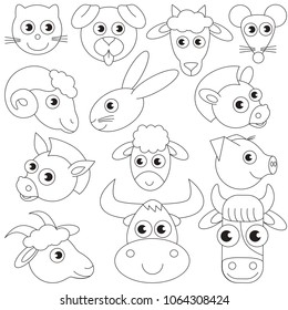Farm zoo animals Faces elements set, collection of coloring book template, the group of outline digital elements vector illustration, kid educational game page.