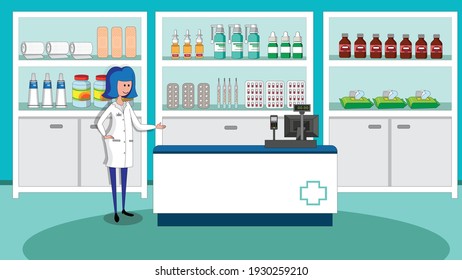 Farmacy store interior with a female pharmacist. Shelves with medicines. Drugstore cartoon vector illustration. 