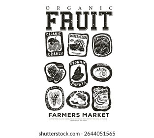 Farmar market. Fruit stall t shirt artwork. Eat more fruit. Fruit club print design. Tropical sweetness. 