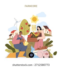 Ilustración vectorial de Farmcore que muestra a dos agricultores cosechando frutas y verduras en un entorno rural. Tema de agricultura sostenible, con molinos de viento y Elementos de la naturaleza en el fondo.